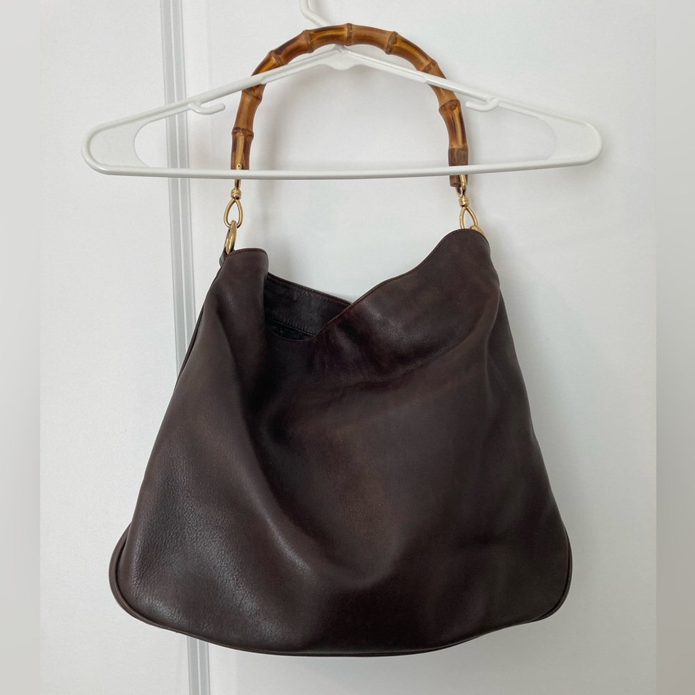 Brown Leather Hobo Bag with Bamboo Handle